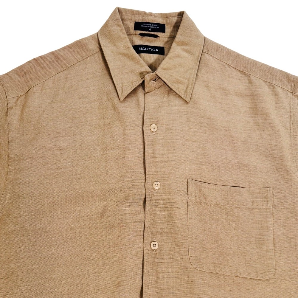 Nautica Men's Tan Linen & Rayon Blend Short Sleeve Button Down Shirt Size M - Picture 1 of 9